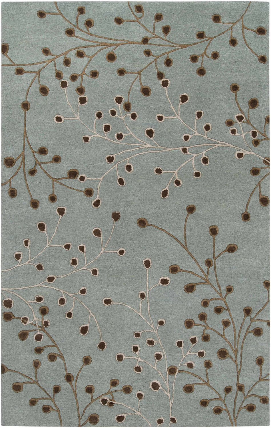 Close-up of the Sage Elsu Area Rug featuring a brown floral branch pattern on a sage green background. Hand-tufted wool texture. Design-Rectangle-58