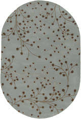Close-up of the oval Sage Elsu Area Rug. Sage wool rug with a brown floral branch pattern. Hand-tufted. Design-Oval-69