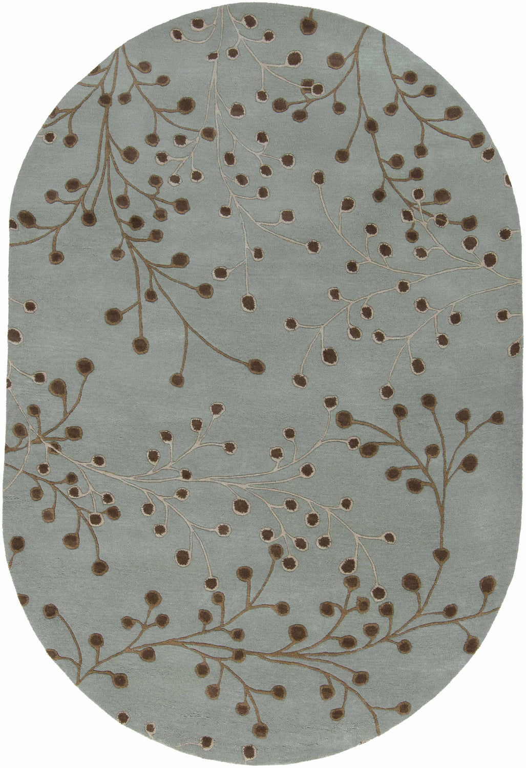 Close-up of the oval Sage Elsu Area Rug. Sage wool rug with a brown floral branch pattern. Hand-tufted. Design-Oval-69