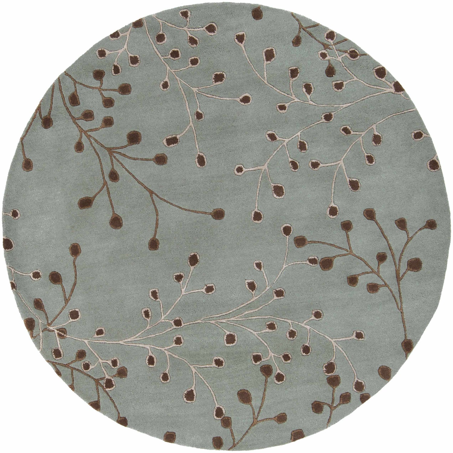 Close-up of the round Sage Elsu Area Rug, featuring a sage background with brown and taupe floral branch pattern. Design-Round-6