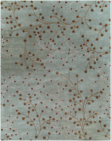 Close-up of the Sage Elsu Area Rug. Sage rug with brown and cream floral vine design. Hand-tufted wool rug. Design-Rectangle-7696