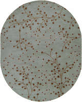 Close-up of an oval Sage Elsu Area Rug. Sage background with dark brown and taupe floral branch pattern. Design-Oval-810