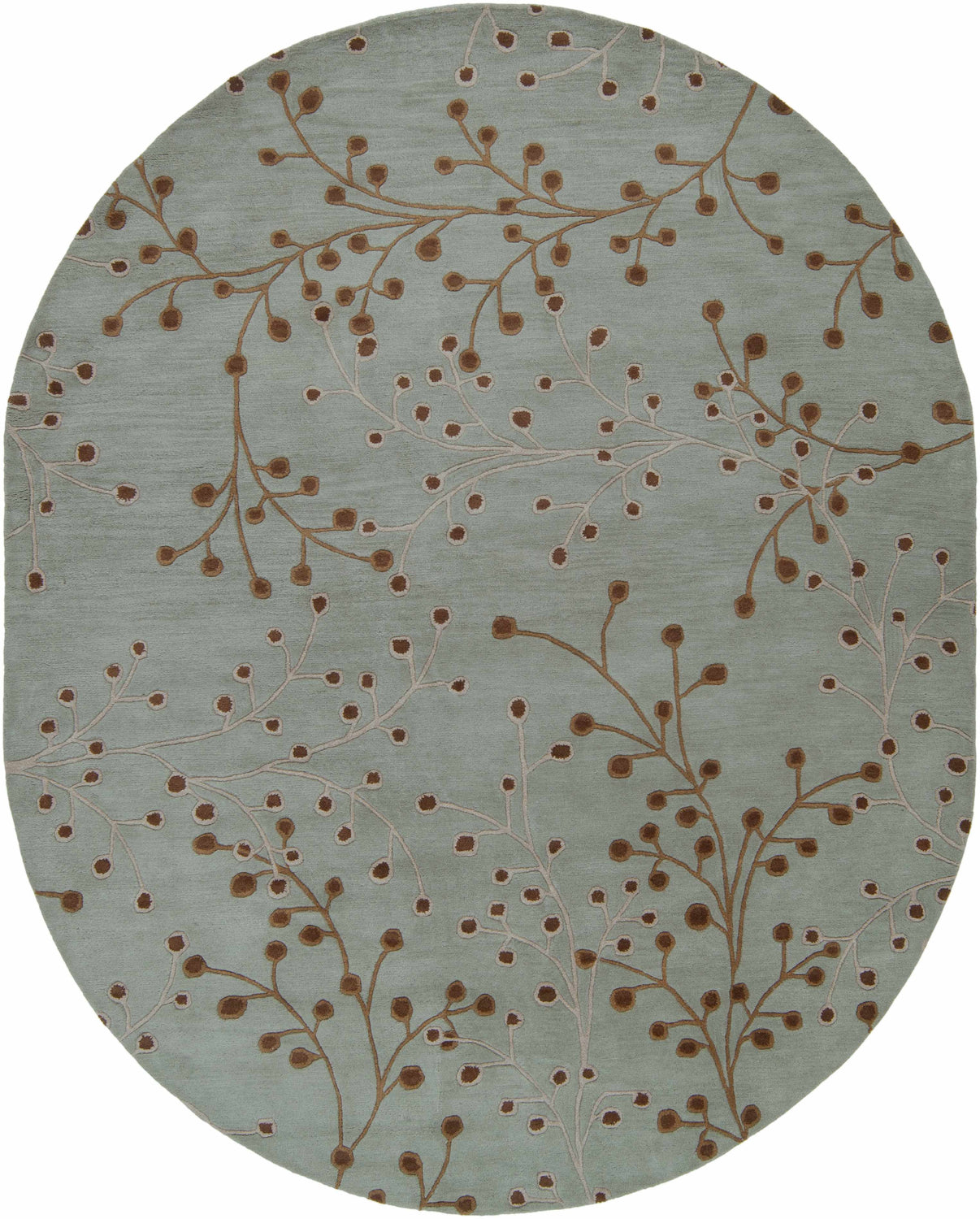 Close-up of an oval Sage Elsu Area Rug. Sage background with dark brown and taupe floral branch pattern. Design-Oval-810