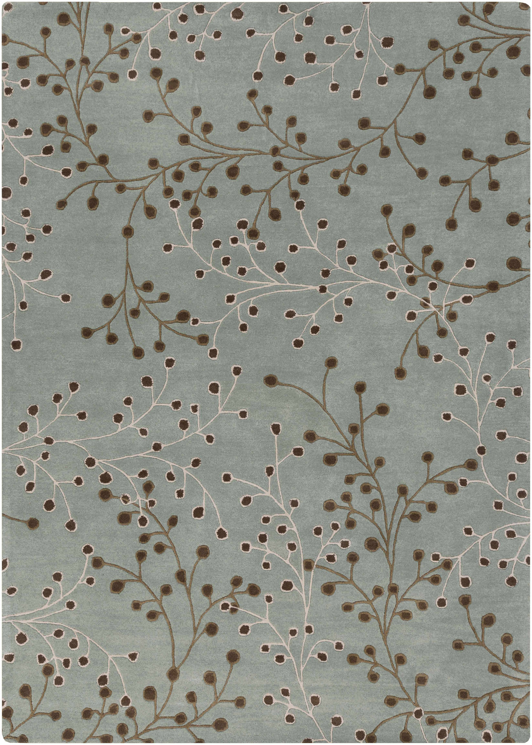 Close-up of the Sage Elsu Area Rug, featuring a sage background with brown and taupe floral branch pattern. Design-Rectangle-811