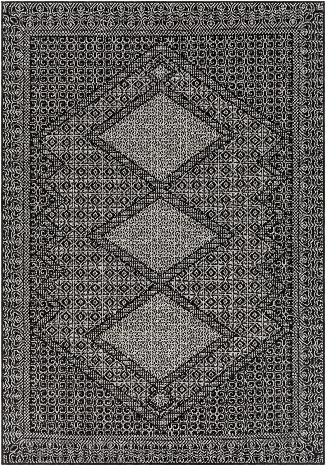 Close-up of the Merkez Area Rug. Machine woven rug in dusty sage and gray with diamond and geometric patterns. Design-Rectangle-57