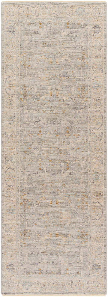 Close-up of the Merv Beige Neutral rug. Farmhouse style with brown, teal, sage, and gray traditional pattern. Design-Runner-2773