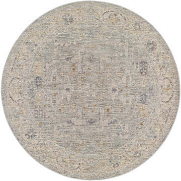 Close-up of round Merv Beige Neutral rug showing traditional oriental pattern in brown, teal, sage, and gray. Design-Round-53