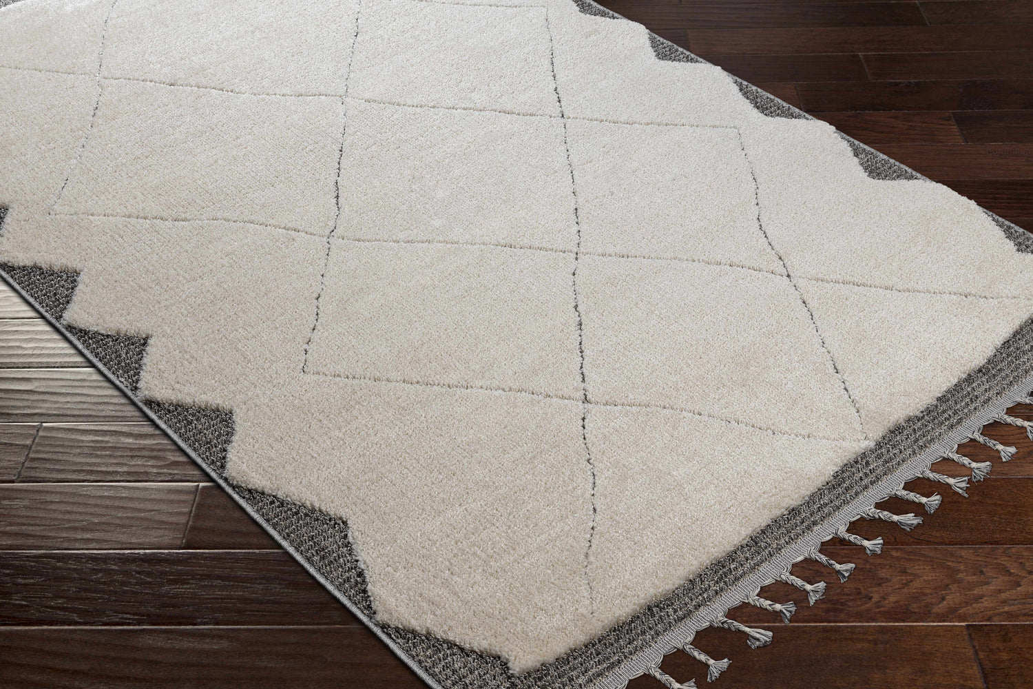 Close-up of the Metzger Area Rug in light beige and gray with a geometric pattern and tassels on dark wood flooring. Corner