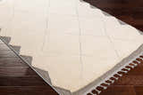 Close-up of the Metzger Area Rug, a light beige rug with a geometric diamond pattern and gray fringe on dark wood floors. Corner