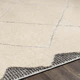 Close up of the Metzger Area Rug showing its light beige shag texture and gray geometric pattern. Texture