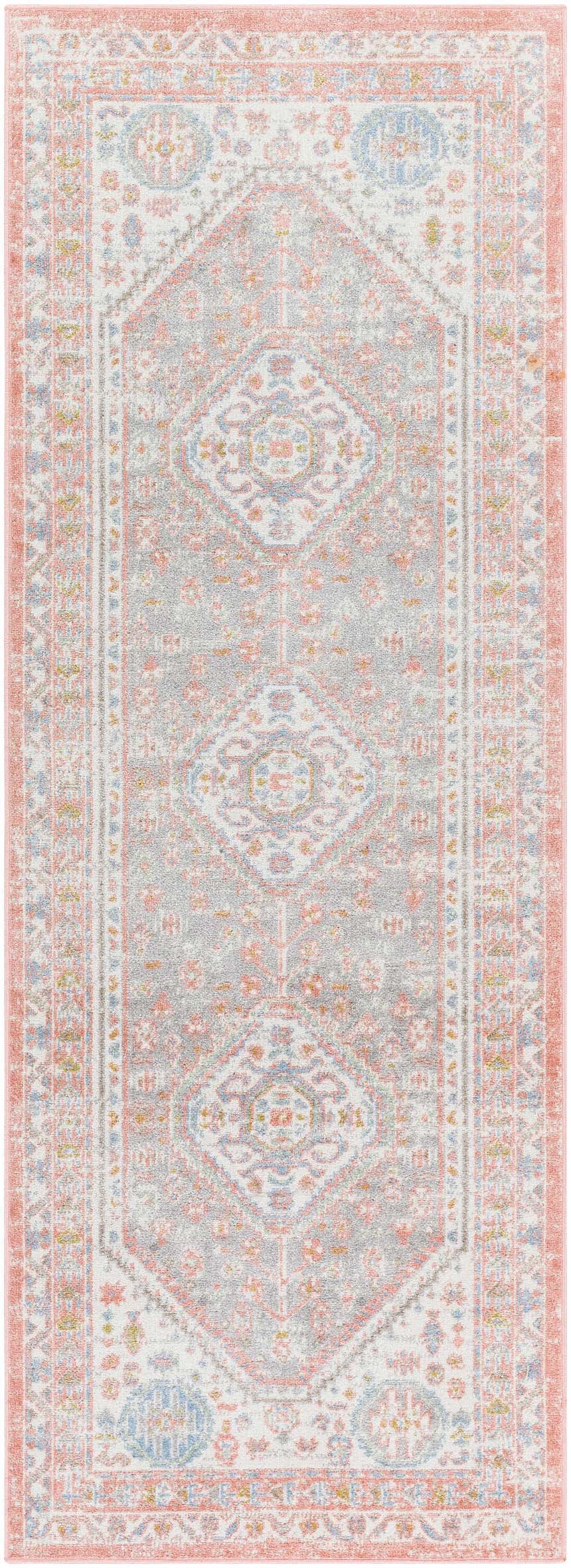 Close-up of the Maha Washable Area Rug. Traditional design in bone, faded driftwood, mocha, and steel colors. Machine woven texture. Design-Runner-2773
