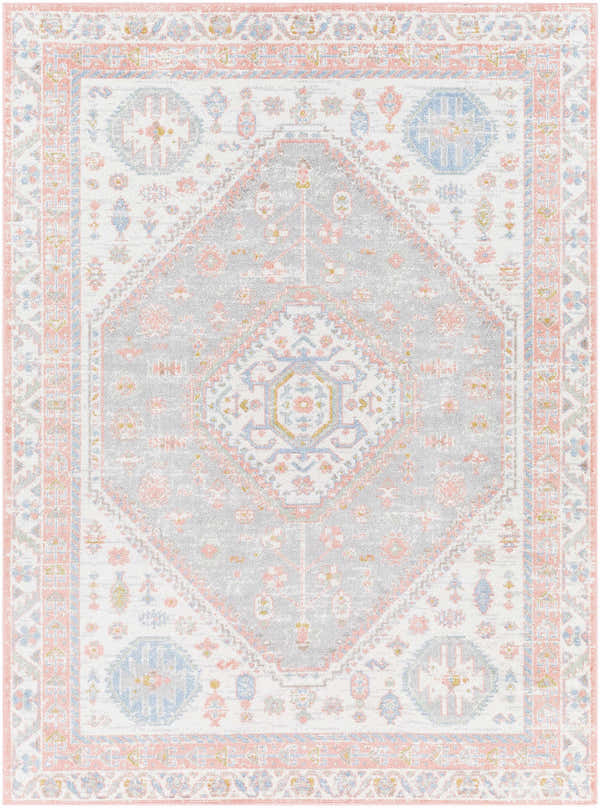 Close-up of Maha Washable Area Rug. Traditional farmhouse style with bone, driftwood, mocha, and steel colors. Design-Rectangle-537