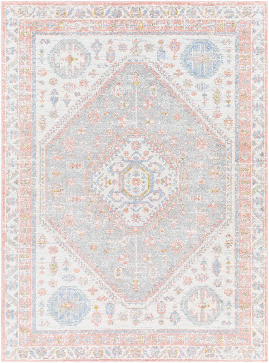 Close-up of Maha Washable Area Rug. Traditional farmhouse style with bone, driftwood, mocha, and steel colors. Design-Rectangle-537