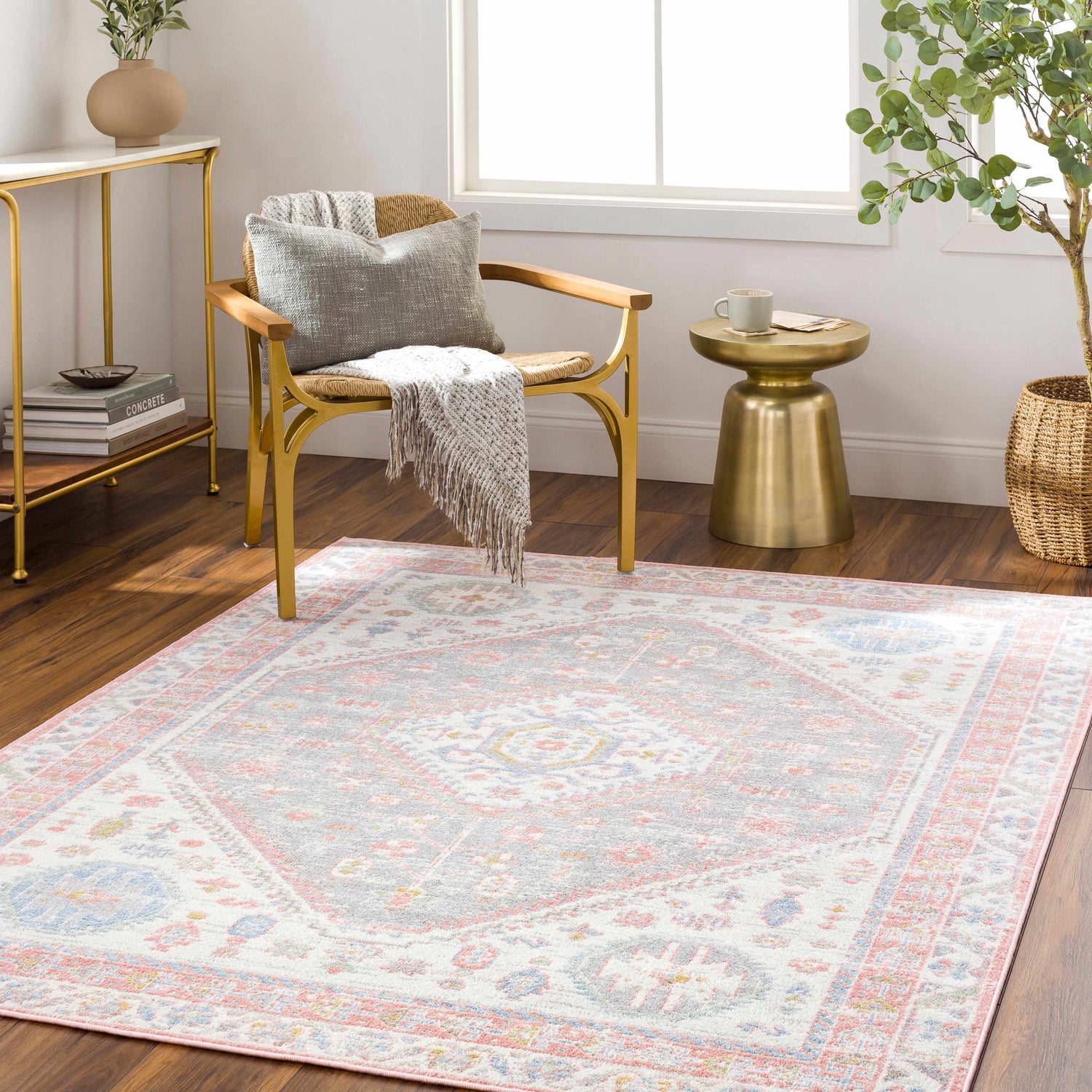 Living room scene with Maha Washable Area Rug in bone, faded driftwood, mocha, and steel colors. Farmhouse style. Roomscene-Rectangle