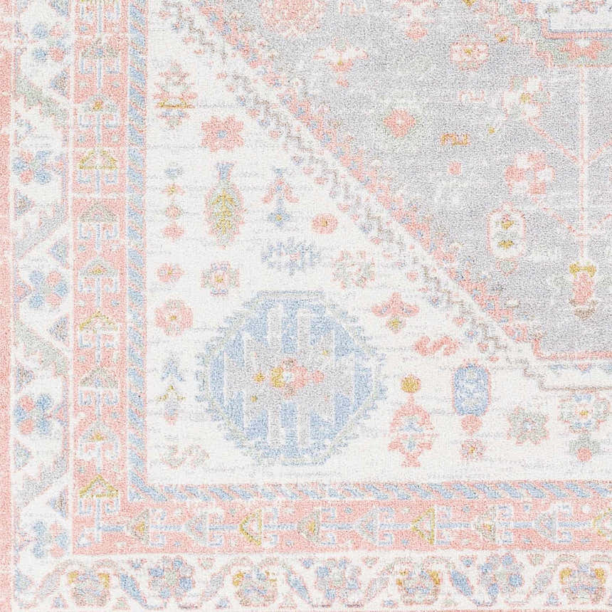 Close-up of the Maha Washable Area Rug featuring a traditional design in bone, faded driftwood, mocha, and steel tones. Swatch