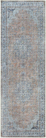 Close-up of the Mianay Washable Area Rug. Traditional oriental design in beige, blue, and slate colors. Vintage style. Design-Runner-27710