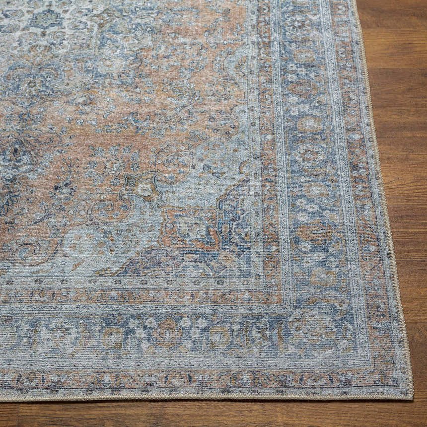 Close-up of the Mianay Washable Area Rug showing its beige, blue, and light gray vintage-style design. Front