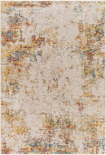 Close-up of the Middelburg Rock Pattern Luxe Area Rug with brick red, cream, denim, and mustard abstract design. Design-Rectangle-575