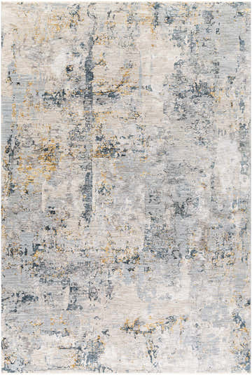 Close-up of the Midfield Luxe Rug, a contemporary design in charcoal, cream, blue, and gray polyester with an abstract pattern. Design-Rectangle-6796