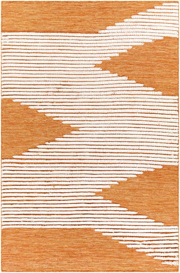 Close-up of the Milagros Area Rug. Hand-woven wool rug in cinnamon and cream with a geometric, striped pattern. Design-Rectangle-576
