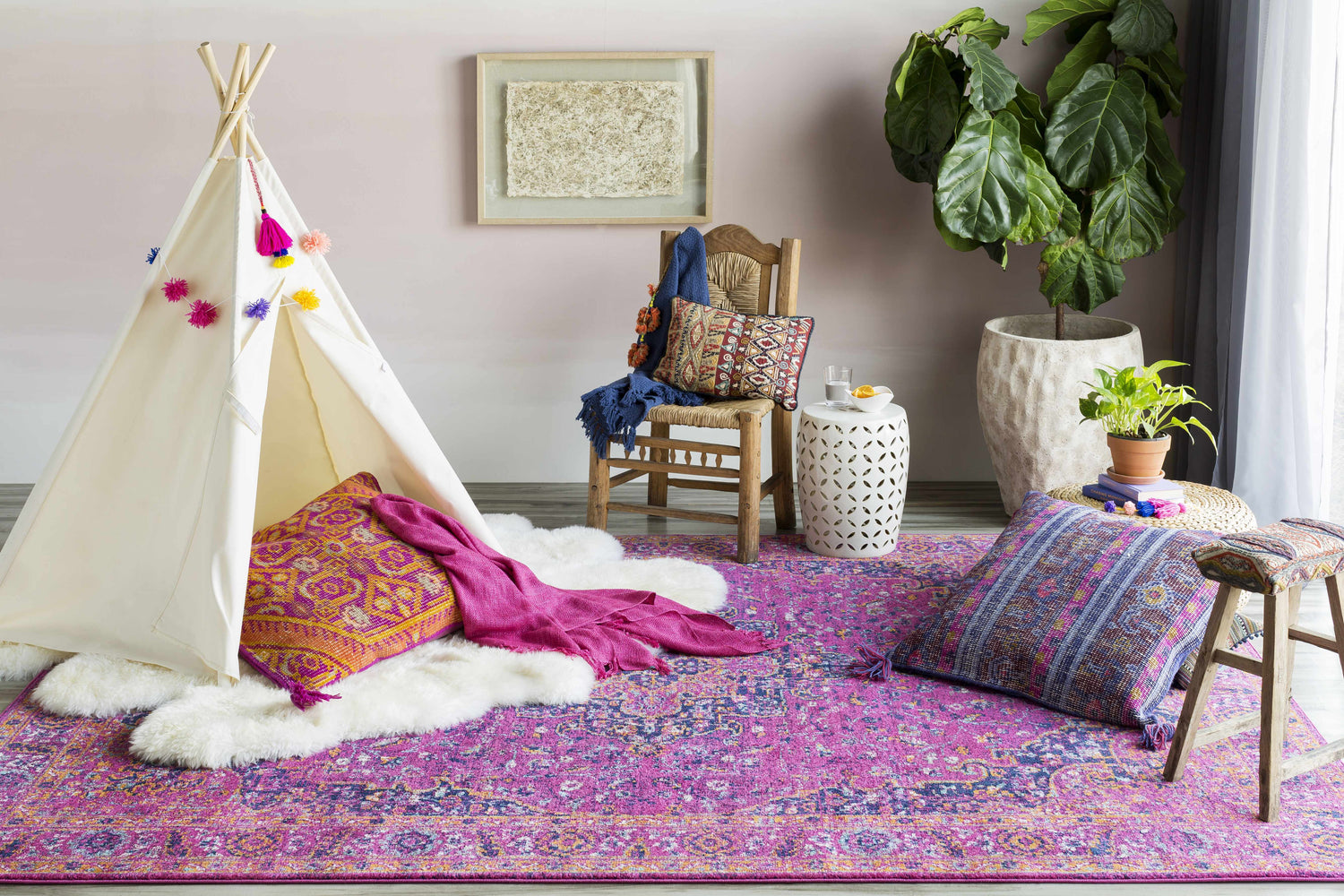 Bohemian kids room with a Milliken Magenta Area Rug, teepee, pillows, and plants. Roomscene-Rectangle