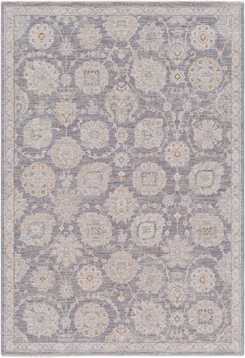 Close-up of the Mimarsinan Thick Luxe Statement Rug. Features a traditional floral pattern in brown, gray, beige and dusty sage tones. Design-Rectangle-575