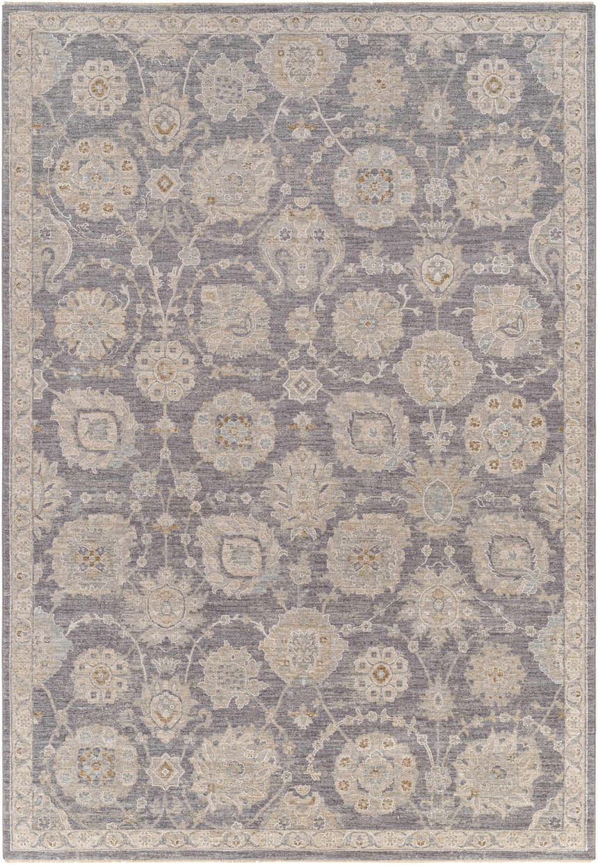 Detailed floral pattern of the Mimarsinan Thick Luxe Statement Rug in brown, beige, and gray. Design-Rectangle-6796
