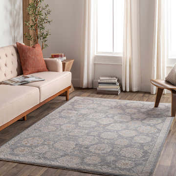 Living room with a light pink sofa and gray Mimarsinan Thick Luxe Statement Rug with a traditional floral pattern. Roomscene-Rectangle