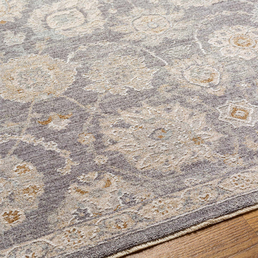 Close up of the Mimarsinan rug showing its traditional oriental pattern and texture in gray, beige and brown tones. Texture