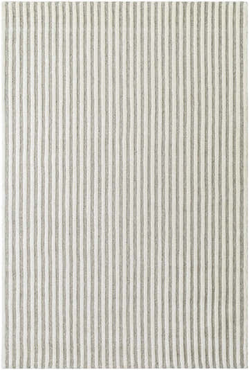 Close-up of the Missa Medium Gray Area Rug. Cream and gray vertical stripes create a contemporary design. Hand-tufted wool texture. Design-Rectangle-576