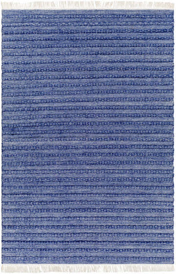 Close-up of the Mala Area Rug. Hand-woven, dark blue, denim, and ivory stripes with white fringe. Contemporary style. Design-Rectangle-576