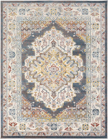 Close-up of the Millican Area Rug. Bohemian style rug with blue, brown, garnet, and gray floral and geometric patterns. Design-Rectangle-710103