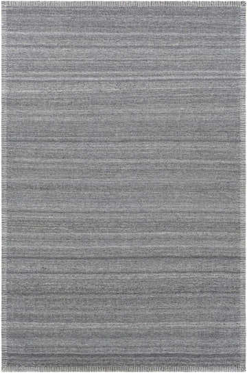 Close-up of the Millicent Carpet, a hand-woven rug in charcoal, medium gray, and silver gray with a subtle striped pattern. Design-Rectangle-576