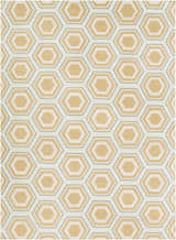 Close-up of Millstone Area Rug with a light beige, sage, and tan geometric hexagon pattern. Hand woven wool rug. Design-Rectangle-811