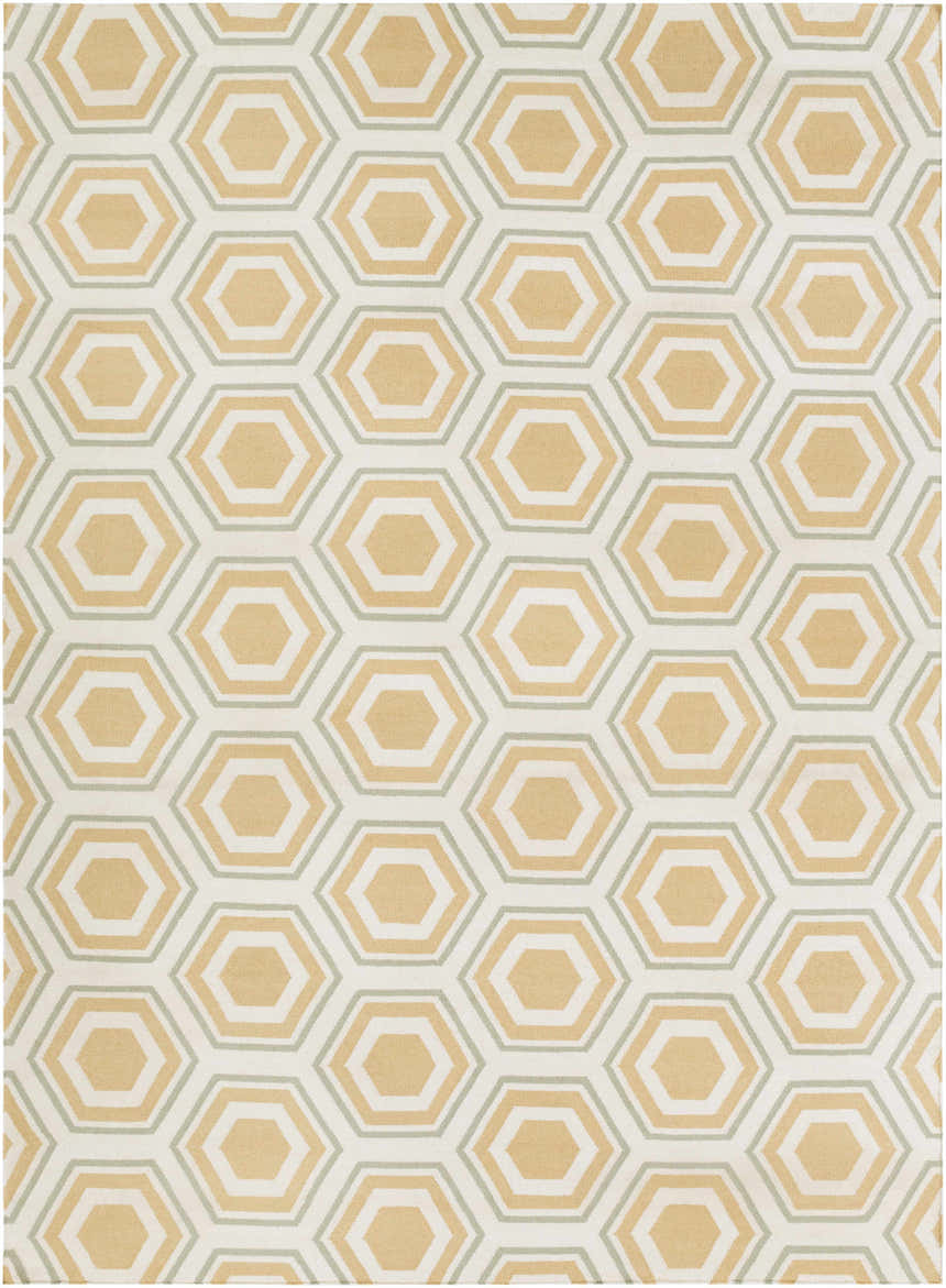 Close-up of Millstone Area Rug with a light beige, sage, and tan geometric hexagon pattern. Hand woven wool rug. Design-Rectangle-811