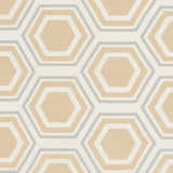 Close-up of Millstone Area Rug. Beige hexagons with sage and tan accents on a hand-woven wool rug. Swatch