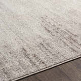 Close-up of the Malandag Area Rug, a machine-woven rug in light gray with subtle dark brown accents and a neutral border. Texture
