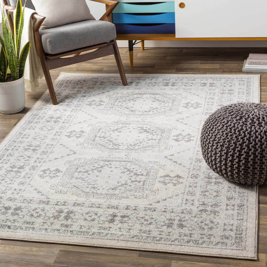 Living room scene with a gray chair, pouf, and the light beige Moundsville Area Rug. Roomscene-Rectangle
