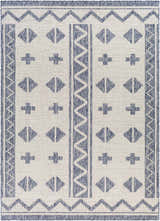 Close up of the Mangoso Gray Area Rug featuring a blue geometric pattern on an off-white background. Design-Rectangle-537