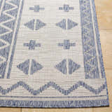 Close-up of the Mangoso Gray Area Rug showing its blue and off-white geometric pattern and machine-woven texture. Front