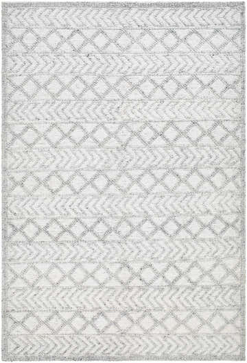 Close-up of Meng Area Rug - Clearance. Hand woven rug with charcoal, light gray, and smoke geometric diamond pattern. Design-Rectangle-576