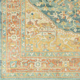 Close-up of the hand-knotted Managa Premium Rug. Features a traditional Persian design in camel, saffron, and sage. Wool texture. Swatch