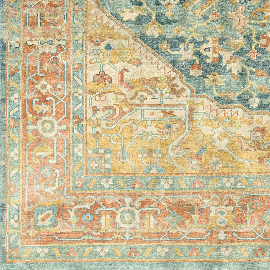Close-up of the hand-knotted Managa Premium Rug. Features a traditional Persian design in camel, saffron, and sage. Wool texture. Swatch