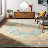 Living room with mid-century modern furniture and Managa Premium Rug in camel, beige, saffron, and sage. Roomscene-Rectangle