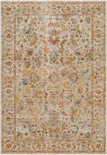 Close-up of the Asabi Tan Textured Rug, a machine-woven polyester rug with brick red, blue, sage, and mustard floral patterns. Design-Rectangle-6796