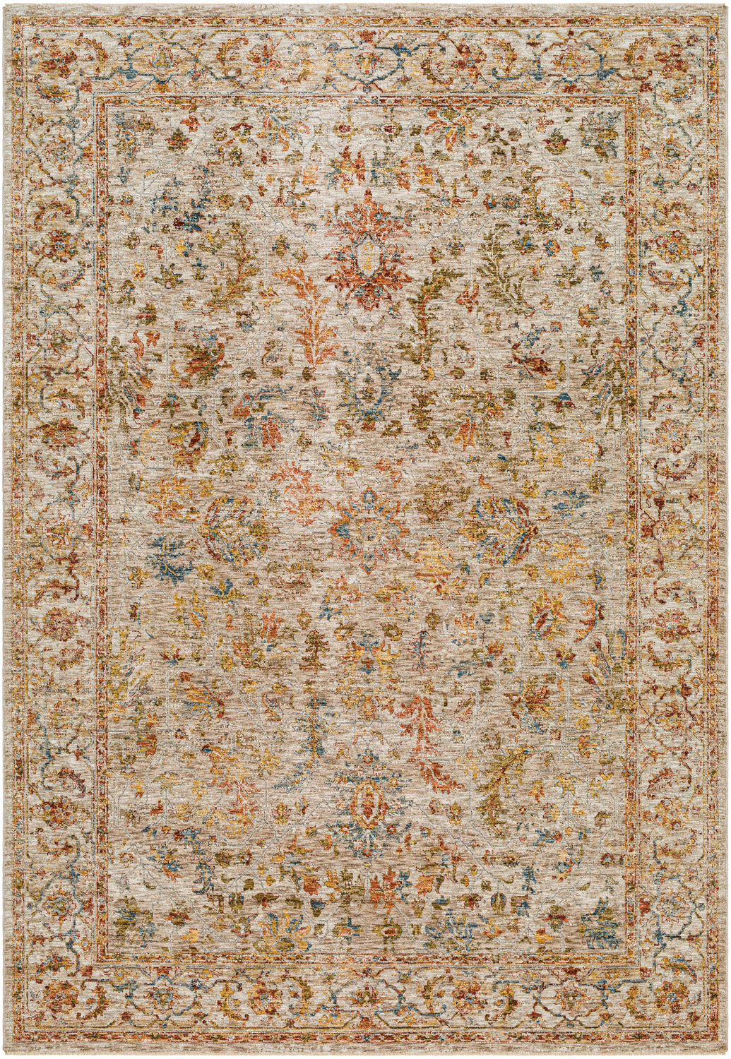 Close-up of the Asabi Tan Textured Rug, a machine-woven polyester rug with brick red, blue, sage, and mustard floral patterns. Design-Rectangle-6796