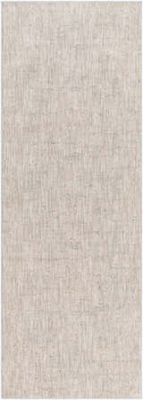 Close-up of the Monto Luxe Rug. Machine-woven polyester rug in charcoal, cream, gray, and taupe. Design-Runner-2773