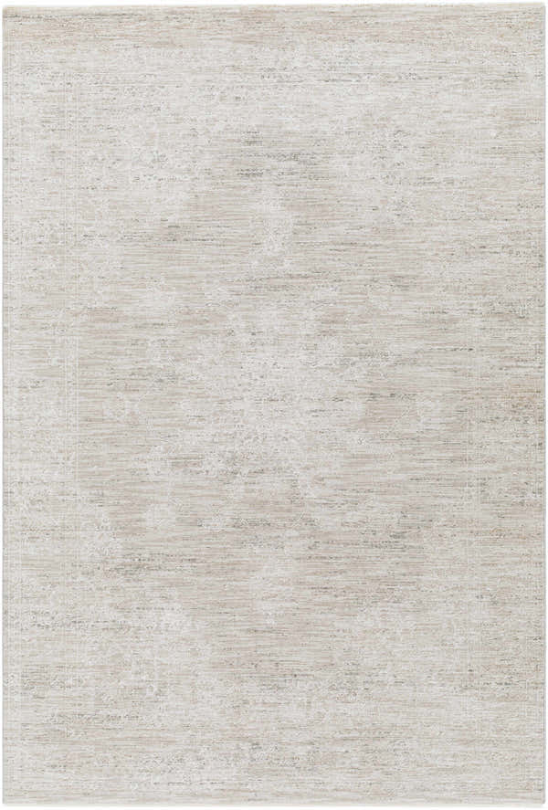 Close-up of the Monto Luxe Rug, a machine-woven rug in cream, taupe, and gray with a subtle, traditional pattern. Design-Rectangle-575