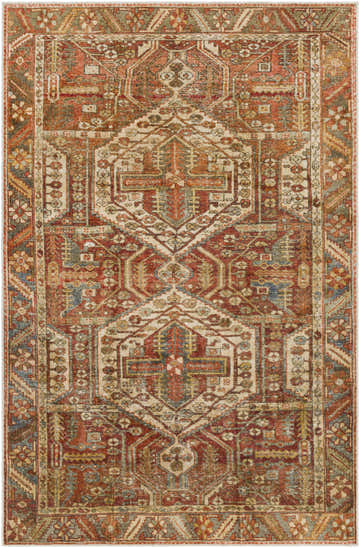 Detailed view of the Mantalongon Washable Area Rug. Features a traditional, oriental pattern in brick red, brown, and sage. Design-Rectangle-576