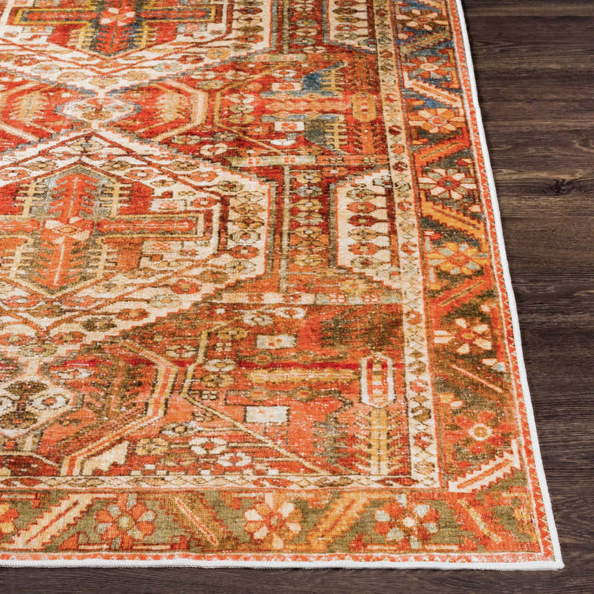 Close up of Mantalongon Washable Area Rug. Bohemian style rug with brick red, brown, and sage colors on wood floor. Front